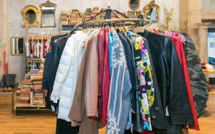 rack of second hand coats at 750 Post St store