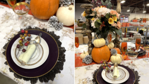Curated fully decorated Thanksgiving table setting